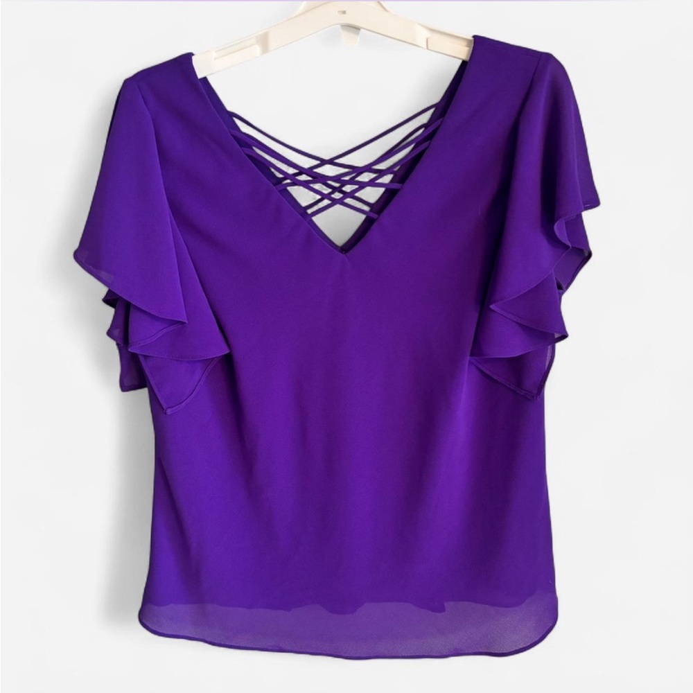 Studio I Purple Flutter Sleeve Criss Cross Neck Blouse XL
